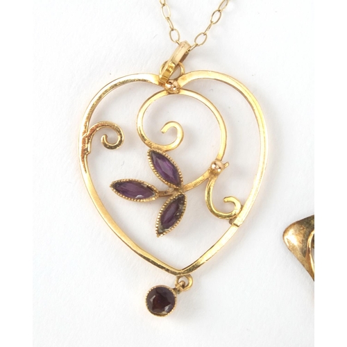 1034 - Two Art Nouveau 9ct gold pendants set with amethysts with a 9ct gold necklace, the largest 4.5cm in ... 