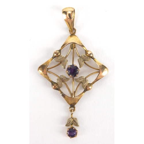 1034 - Two Art Nouveau 9ct gold pendants set with amethysts with a 9ct gold necklace, the largest 4.5cm in ... 