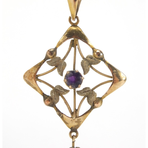 1034 - Two Art Nouveau 9ct gold pendants set with amethysts with a 9ct gold necklace, the largest 4.5cm in ... 