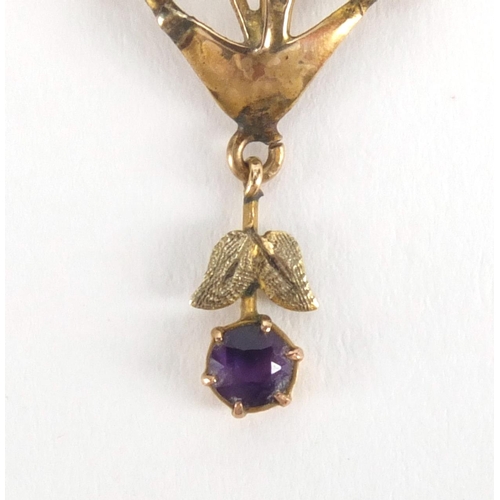 1034 - Two Art Nouveau 9ct gold pendants set with amethysts with a 9ct gold necklace, the largest 4.5cm in ... 