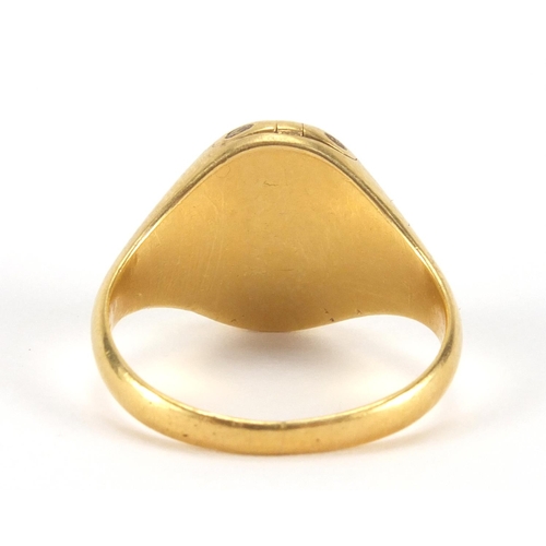 1017 - 18ct gold enamelled signet ring with hinged front, size P, approximate weight 8.7g