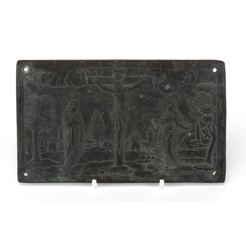 42 - Antique bronze plaque relief moulded with Christ on the cross, 17.5cm x 10cm