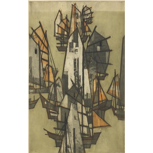 1441 - Otto Eglau - Chinese Junks III, pencil signed coloured etching, unframed, 68cm x 51cm