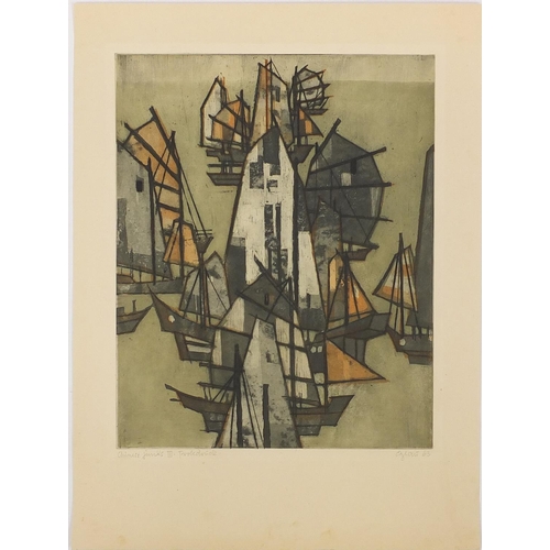 1441 - Otto Eglau - Chinese Junks III, pencil signed coloured etching, unframed, 68cm x 51cm