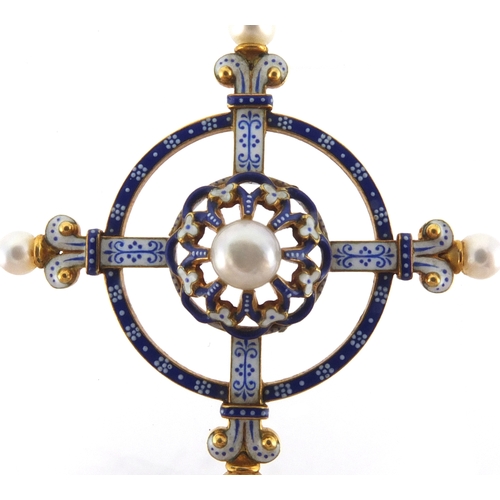 957 - Carlo Giuliano Renaissance Revival gold, enamel and seed pearl crucifix pendant, impressed C.G, 7cm ... 