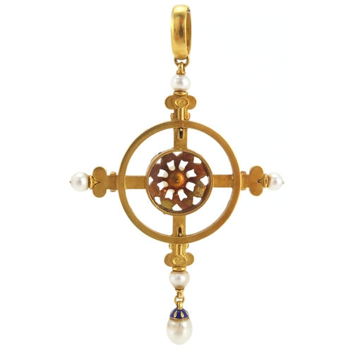 957 - Carlo Giuliano Renaissance Revival gold, enamel and seed pearl crucifix pendant, impressed C.G, 7cm ... 