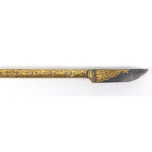 640 - Ottoman damascened calligraphy tools housed in a fitted tooled leather case hand painted with floral... 