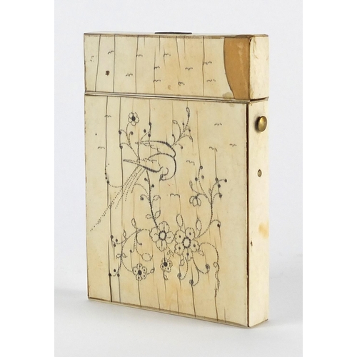 66 - Regency ivory and pique work card case decorated with birds and flowers, 10cm high x 8cm wide