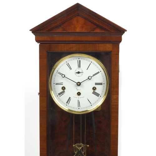 1138 - Mahogany regulator clock with architectural pediment and enamelled dial, signed Harrods Committee of... 