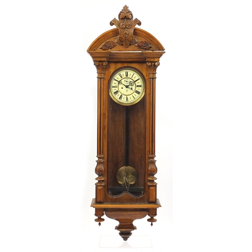 1139 - Gustav Becker black forest style regulator clock with carved pediment and enamelled dial, with initi... 