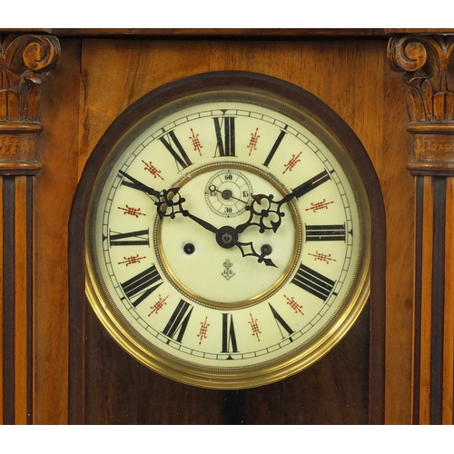 1139 - Gustav Becker black forest style regulator clock with carved pediment and enamelled dial, with initi... 