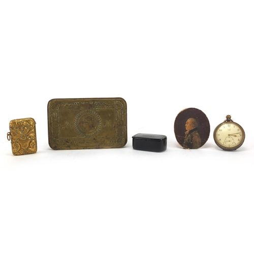 2386 - Miscellaneous objects including a World War I brass Mary tin, oval hand painted portrait miniature o... 