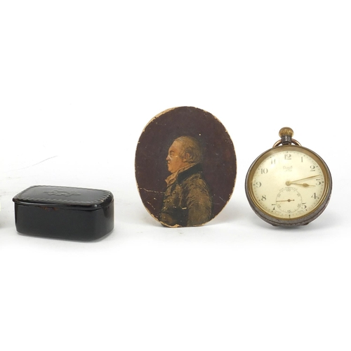 2386 - Miscellaneous objects including a World War I brass Mary tin, oval hand painted portrait miniature o... 