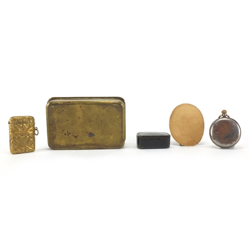 2386 - Miscellaneous objects including a World War I brass Mary tin, oval hand painted portrait miniature o... 