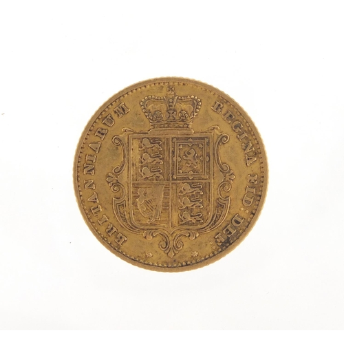 2447 - Victorian 1858 shield back gold half sovereign, 2cm in diameter, approximate weight 4.0g