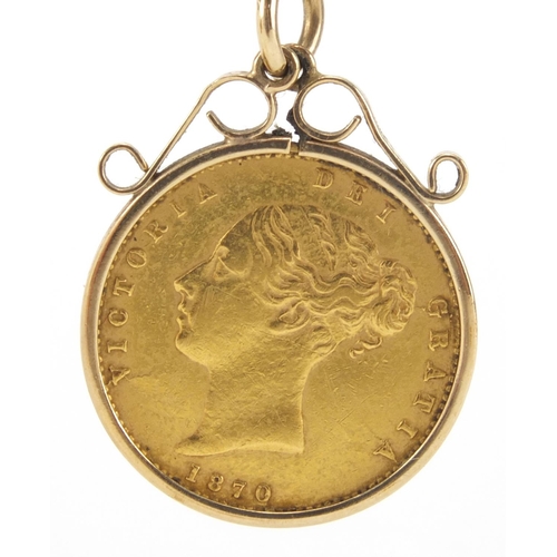 2446 - Victorian 1870 shield back gold half sovereign, with 9ct gold pendant mount, approximate weight 4.7g