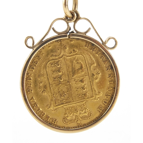 2446 - Victorian 1870 shield back gold half sovereign, with 9ct gold pendant mount, approximate weight 4.7g