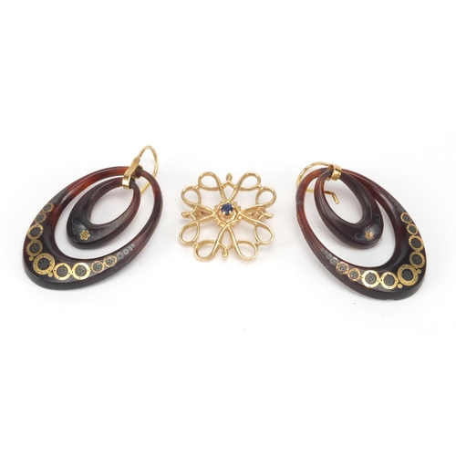 2567A - Pair of tortoiseshell piquet work earrings, together with a 9ct gold sapphire brooch, the earrings 4... 