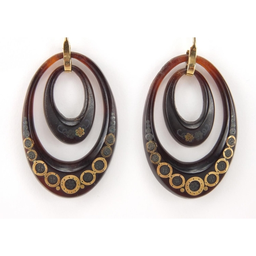 2567A - Pair of tortoiseshell piquet work earrings, together with a 9ct gold sapphire brooch, the earrings 4... 