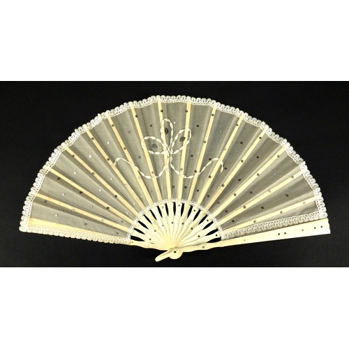 142 - Three Victorian fans including one with carved bone stick and a hand paintedsilk example