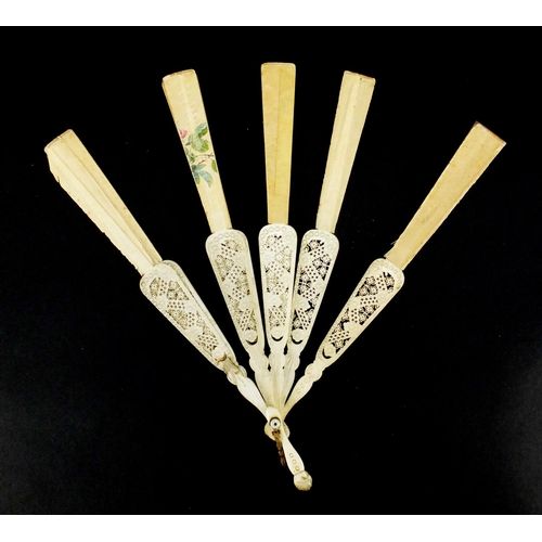142 - Three Victorian fans including one with carved bone stick and a hand paintedsilk example
