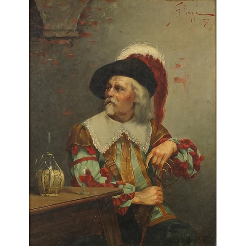 1168 - E Struppi - Man seated in an interior, 19th century oil onto wood panel, mounted and framed, 34cm x ... 