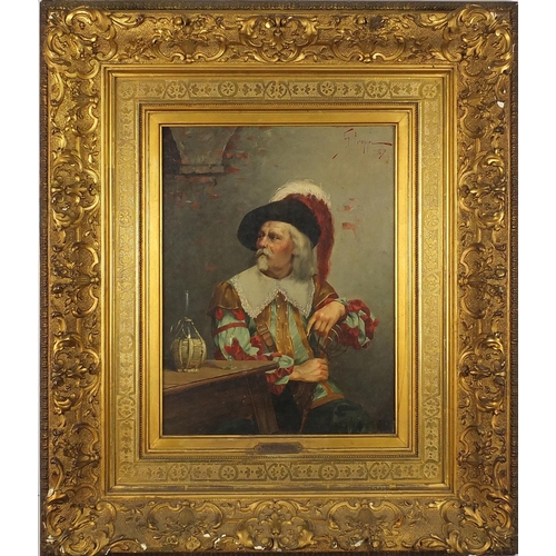 1168 - E Struppi - Man seated in an interior, 19th century oil onto wood panel, mounted and framed, 34cm x ... 