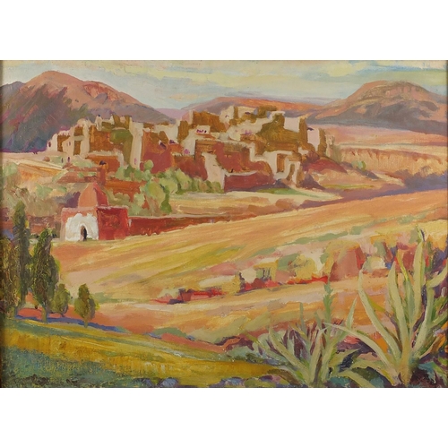 1215 - Desert town landscape, oil onto canvas board, bearing a monogram WSS, mounted and framed, 59cm x 44c... 