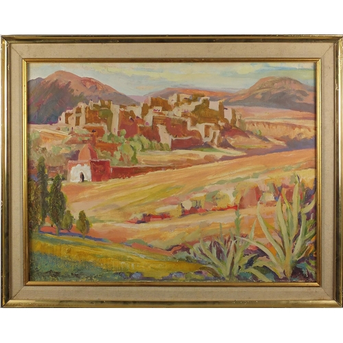 1215 - Desert town landscape, oil onto canvas board, bearing a monogram WSS, mounted and framed, 59cm x 44c... 