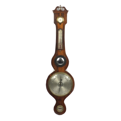 1144 - 19th century rosewood banjo barometer with silvered dial and swan neck pediment and urn finial, 98cm... 