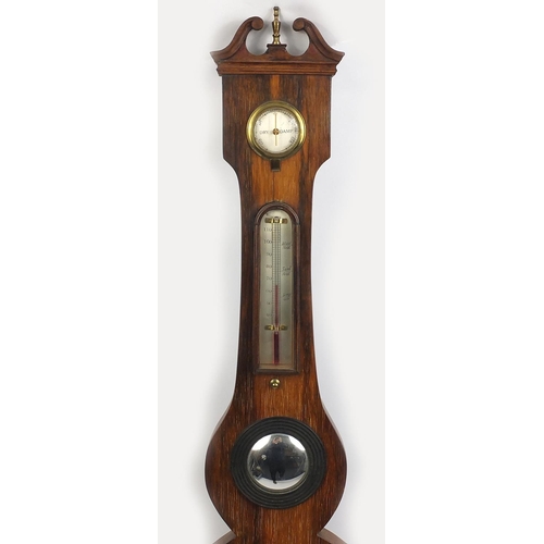 1144 - 19th century rosewood banjo barometer with silvered dial and swan neck pediment and urn finial, 98cm... 