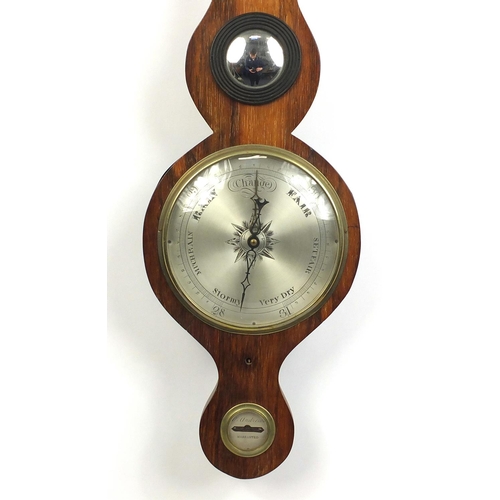 1144 - 19th century rosewood banjo barometer with silvered dial and swan neck pediment and urn finial, 98cm... 