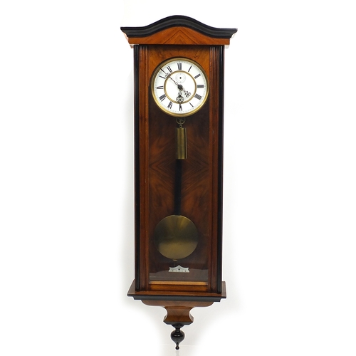 1137 - Walnut and ebony regulator wall clock with enamelled dial, 110cm high