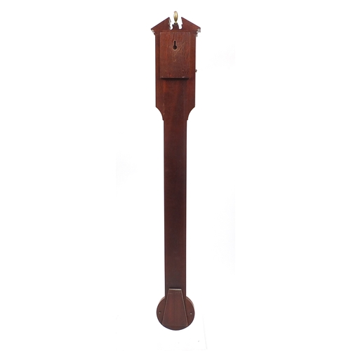 1142 - Mahogany wall stick barometer with silvered dial and broken arch pediment and urn finial, 97cm high