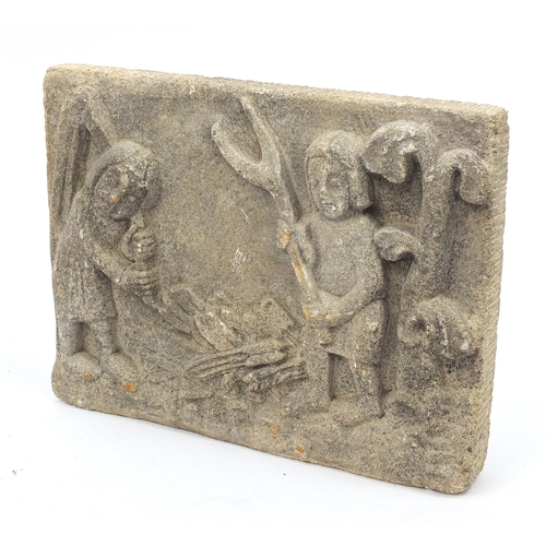 32 - Folk Art stone panel, carved with workers, 46cm x 36cm