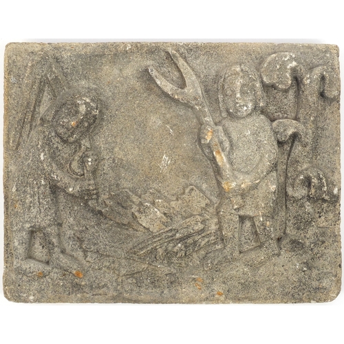 32 - Folk Art stone panel, carved with workers, 46cm x 36cm