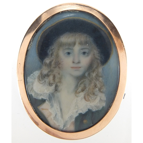 3 - 19th century oval hand painted portrait miniature onto ivory of a young gentleman wearing a hat, hou... 