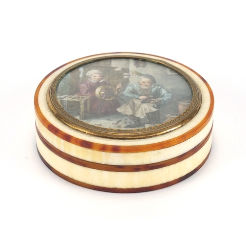 8 - 19th century tortoiseshell and ivory box and cover, the lid with hand painted with a cobbler and his... 