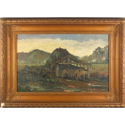 1399 - Sheep in a pen, post impressionist oil onto board, framed, 56cm x 35cm