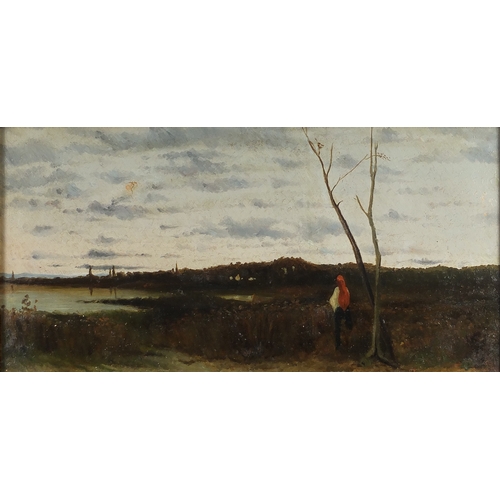 1151 - Périclée Pantazis - Evening landscape, 19th century Greek oil onto card, stamps verso, framed, 59cm ... 