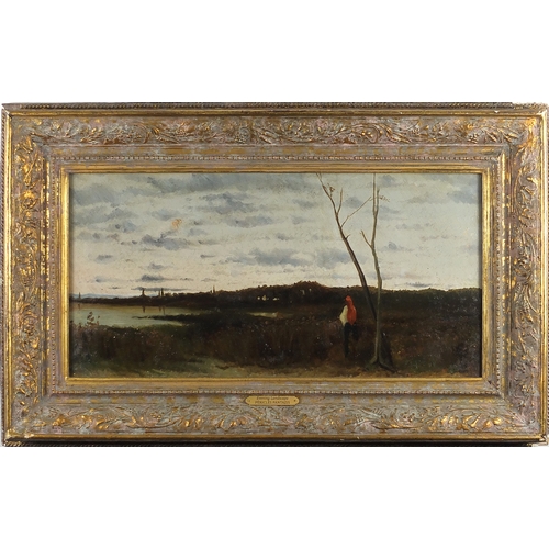 1151 - Périclée Pantazis - Evening landscape, 19th century Greek oil onto card, stamps verso, framed, 59cm ... 