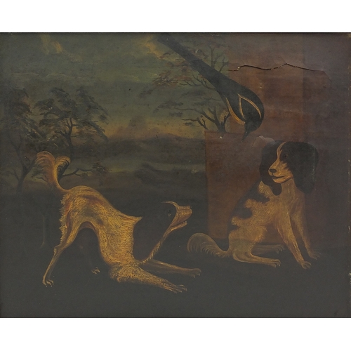 1170 - Two dogs and a bird, 17th/18th century English school oil onto canvas onto board, indistinctly inscr... 