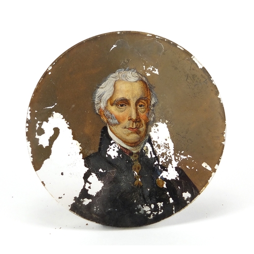 12 - 19th century circular reverse glass hand painted portrait miniature, of a gentleman wearing a cravat... 