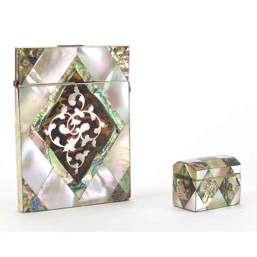 67 - Victorian Mother of Pearl, abalone and tortoiseshell card case, together with a similar thimble case... 