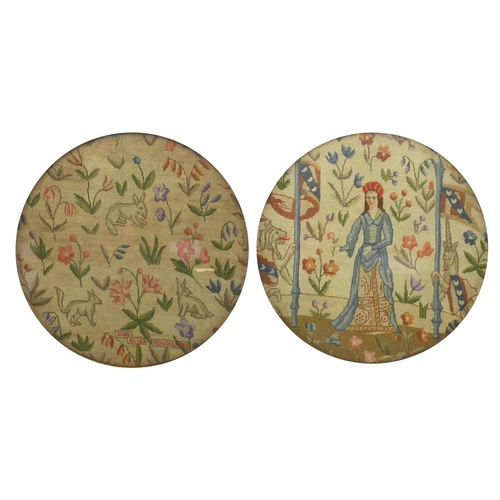 137 - Pair of circular needlework panels, one of a female, both framed, each 17cm in diameter