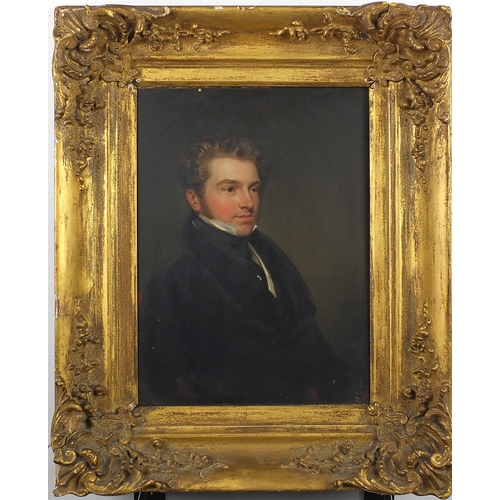 1166 - Head and shoulders portrait of a young gentleman, 19th century American school oil onto wood panel, ... 