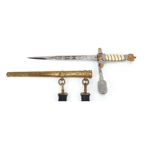 345 - German Third Reich Naval dagger by Carl Eickhorn Solingen with scabbard, etched blade, Portepee and ... 