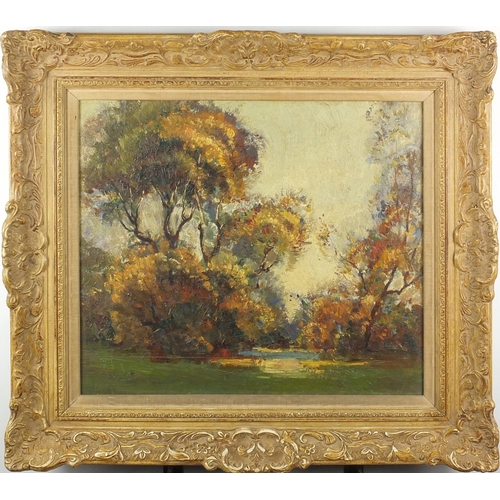 2382 - Attributed to Marcella Smith - Impressionist forest scene, oil onto canvas, gallery label and inscri... 