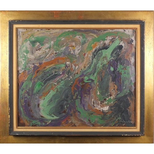 2383 - Abstract composition, oil onto board, bearing an indistinct signature Rebeyoibe ? , framed, 64cm x 5... 