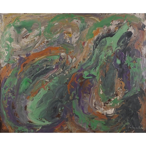 2383 - Abstract composition, oil onto board, bearing an indistinct signature Rebeyoibe ? , framed, 64cm x 5... 